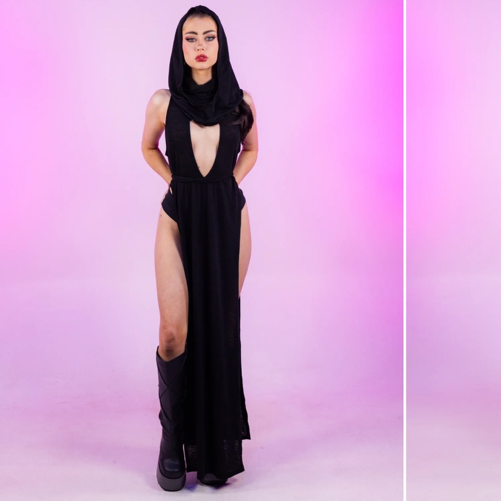 Rave Wonderland Black hooded maxi dress.